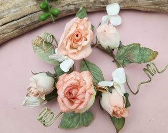 Peach Rose Bouquet, Vintage Round table top decor Parchment Roses. Millinery supplies new old stock Craft Supplies. candle vase decoration