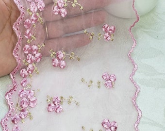 Rose Pink floral lace trim. Sheer Soft Embroidered Flower Rose bud, Sewing Craft Supplies. Shabby Chic Garment lace curtain