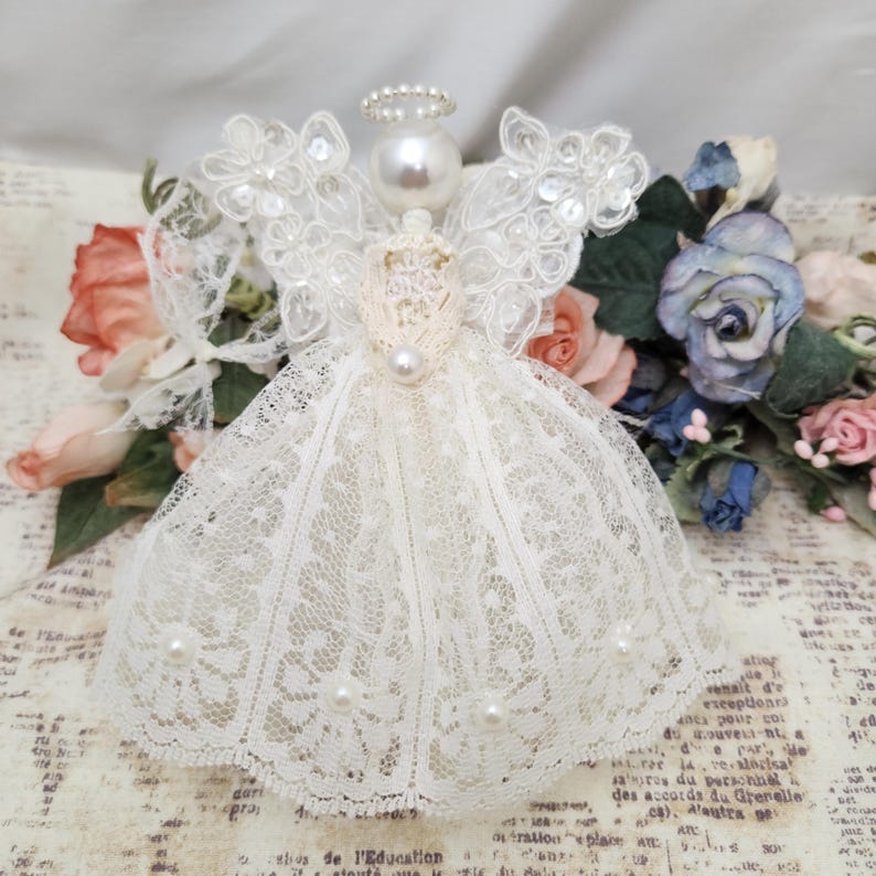 Lace & Pearl Angel Ornament, Creamy Vintage Style Decor for Christmas ...