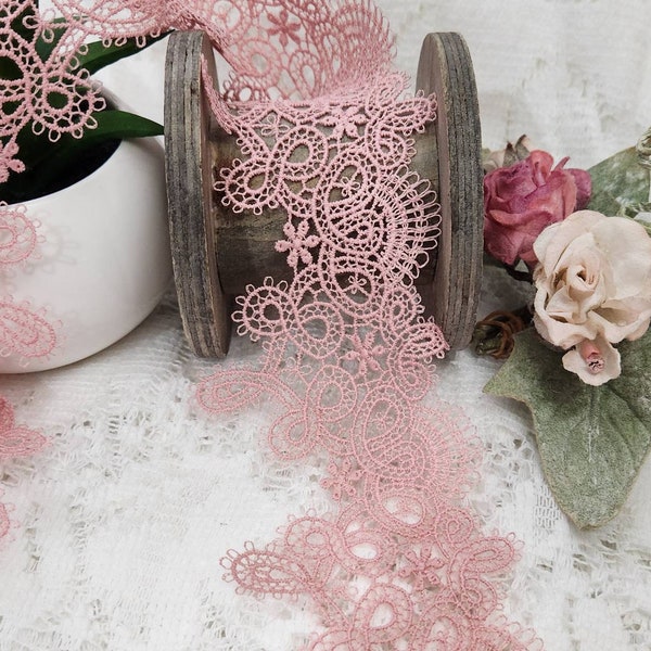 Rose Pink Lace, Soft delicate romantic swirl scallop lace. Shabby Chic Sewing and craft supplies, junk journal embellishments