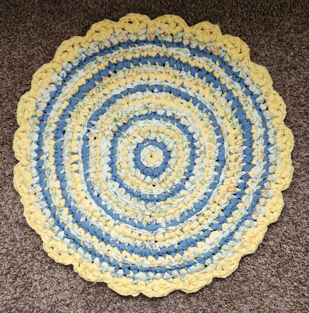 Yellow Rag Rug, Handmade Blue Yellow Round Upcycled Textile Art, Fabric ...