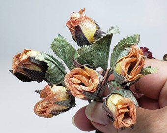 Peach Millinery Roses, Vintage Flowers in a Peach color made from Parchment Paper Dry flower look, 6 small buds on wire. new old stock