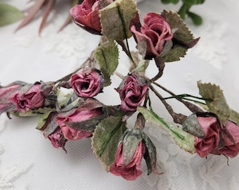 Millinery Pink Rose, Six Rosy Pink buds in a bunch. Vintage Parchment Paper Dry flower look, 6 small buds on wire. new old stock