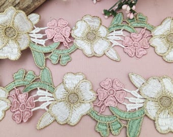 Rose Pink Floral Lace, Embroidered white gold green Flower applique trim. Sewing craft supplies garment costume By the yard 2 1/4 inch wide