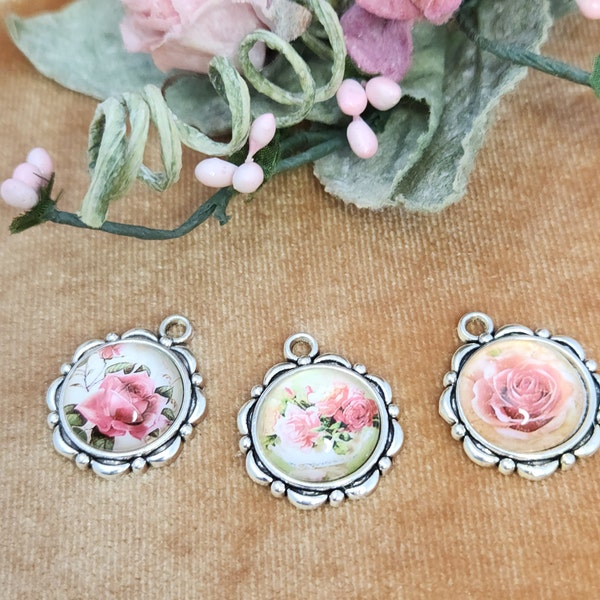 Floral Rose Cameo set, Pendant Charm with glass cameo in a silver tone setting, Set of 3 pieces, 1 inch