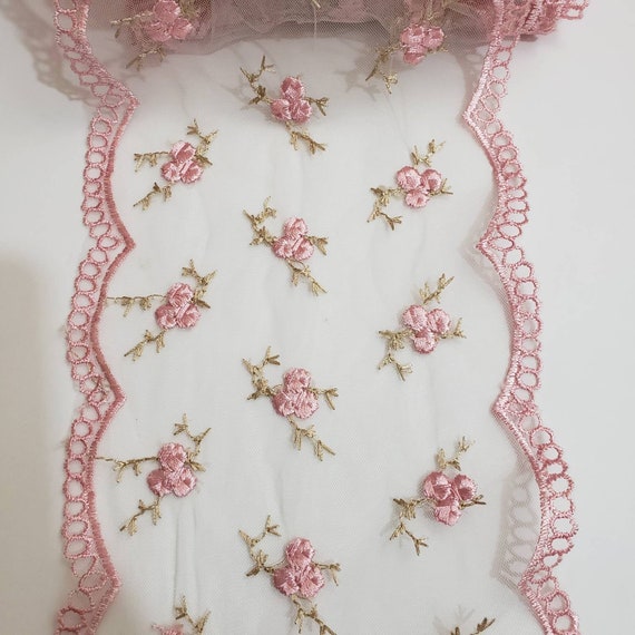 Embroidered Pink Mesh Floral Lace Trim. Scallop on Both