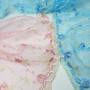 Embroidered Floral Lace Trim, Rose Pink or Blue, Sheer Mesh Fabric