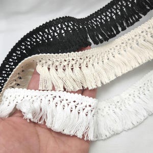 Cotton Fringe Trim, Natural White Black Tassel Lace, 1.5&quot; wide Craft Lace Trim For Sewing, junk journal, curtains, lampshade, Boho supplies
