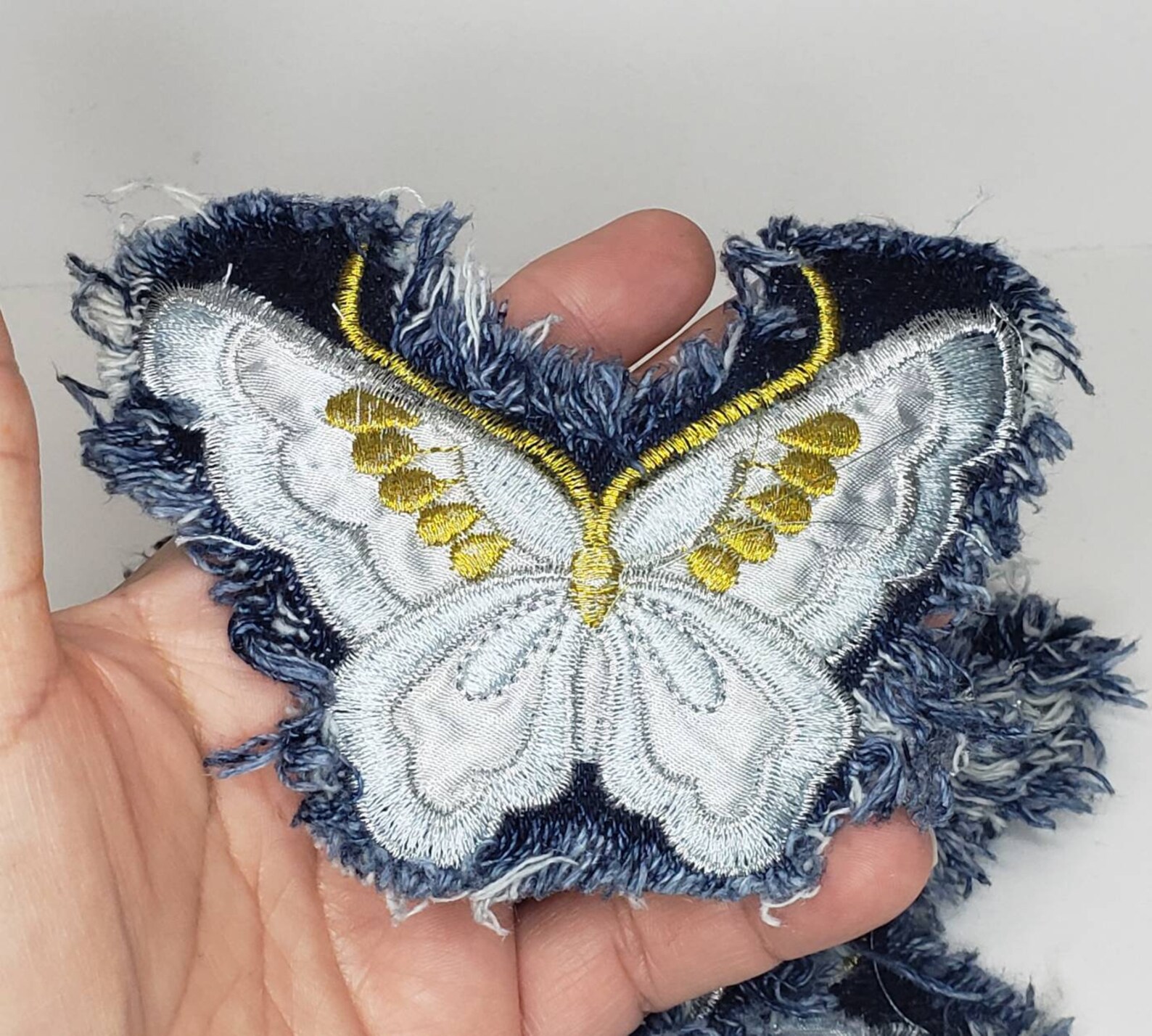 Butterfly Jean Patch Frayed Distressed Tattered Blue Gold Sew Etsy