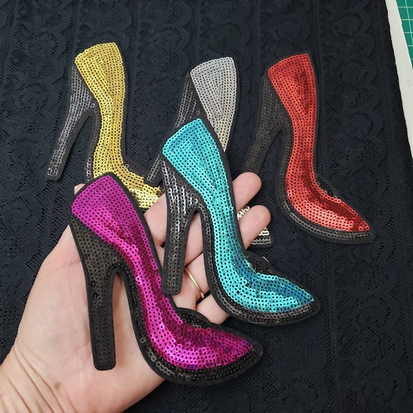 High Heel Shoe Patch. Sparkle Sequin Applique Fashion Shoe in Red, Teal, Magenta, Silver, Gold. Iron on for Sewing Craft Supplies,