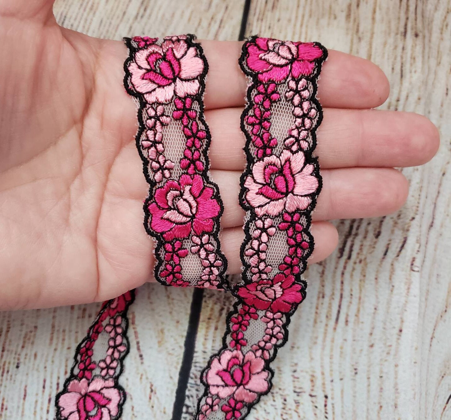 Pink Black Rose Lace, Mesh Embroidery Trim, Junk Journal