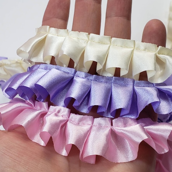 Ruffle Lace, Pleated Satin Ribbon Trim in Pink Cream or Purple for sewing, Shabby Chic junk journal doll lace, flower making, craft supplies