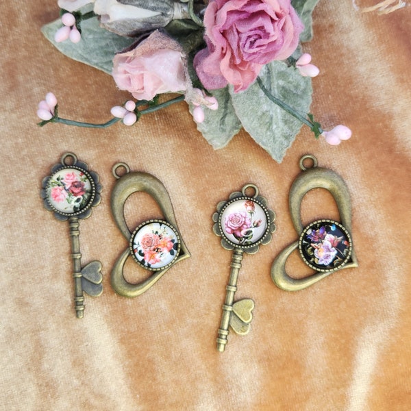 Pink Rose Charm, Set of 2 Heart Key glass cameo, pendent in bronze tone setting. Victorian style Floral Rose Charm Craft jewel embellishment