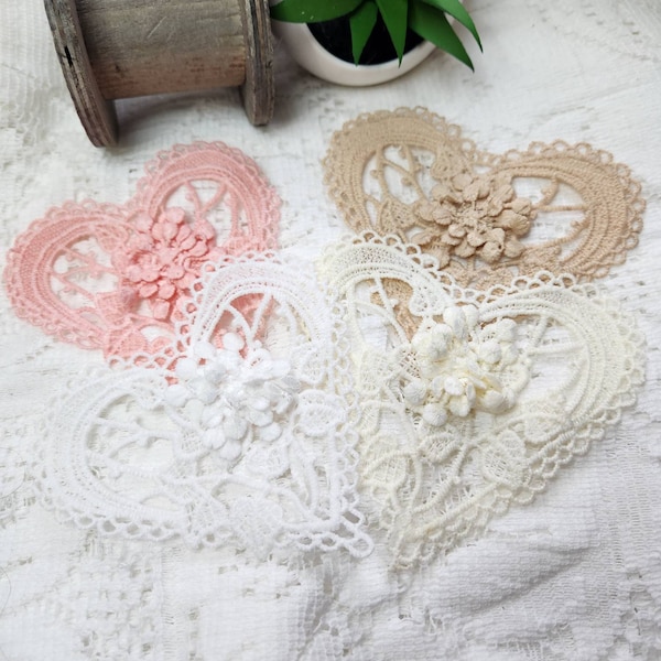 Lace Heart Applique, Set of 2 - Cream, Ecru, White Rose coral pink 4" heart. Embellishment for Sewing or Craft projects Lace Valentine heart