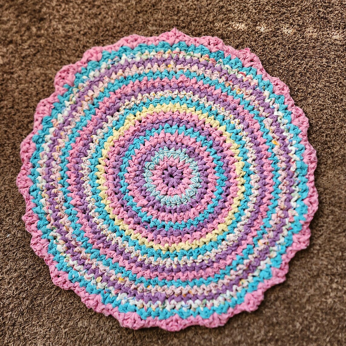 Pastel Rag Rug, Pink Lavender Blue Scallop Edge Handmade Upcycled ...