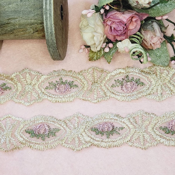 Dusty Rose Beige Lace, Embroidered Oval Floral Ecru and green. Victorian Vintage style, Junk journal Crazy Quilt Clusters sewing supplies
