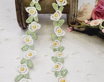 Rococo Flower Lace, White Yellow Green Trim,  Miniature floral embellishment, by the yard, Sewing Craft supplies