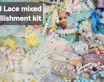 Pastel Lace Embellishment Kit, Mixed Fabric Trim Lot