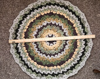 Boho Crochet Rag Rug, Beige Brown Mustard Green round Handmade upcycled textile accent rug, Reversable crochet circle throw rug.  35" inch