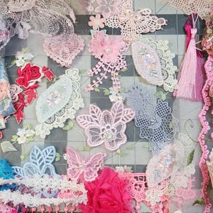 Pink Embellishment Kit, Lace Trim Fabric Mixed Craft Applique Lot. Embellishments for Junk Journal Crazy quilt scrapbook slow stich Cards