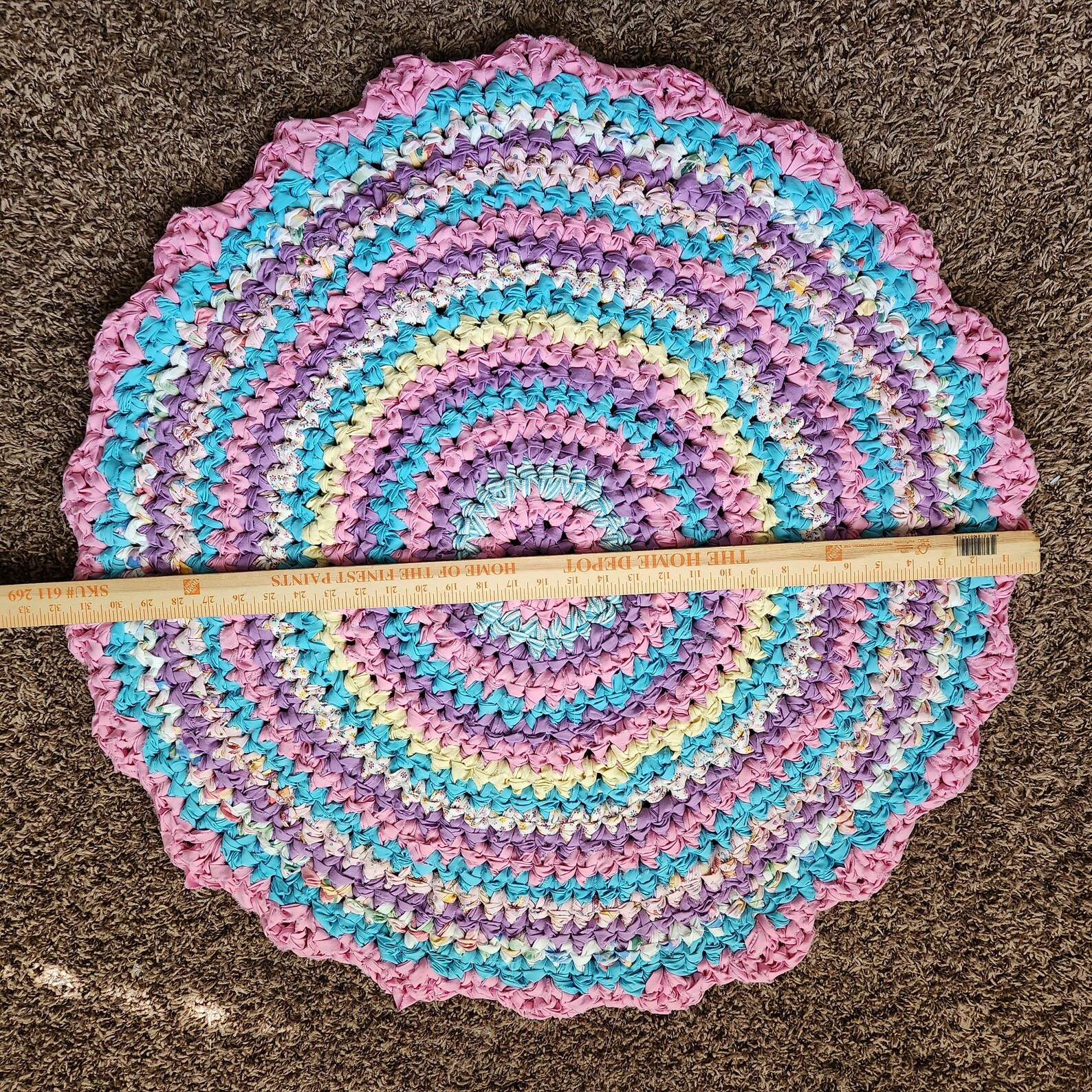 Pastel Rag Rug, Pink Lavender Blue Scallop Edge Handmade Upcycled ...