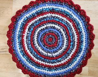Patriotic Rag Rug, Red White Blue handmade upcycled textile art accent rug, Reversable crochet chunky circle throw rug.  35" inch
