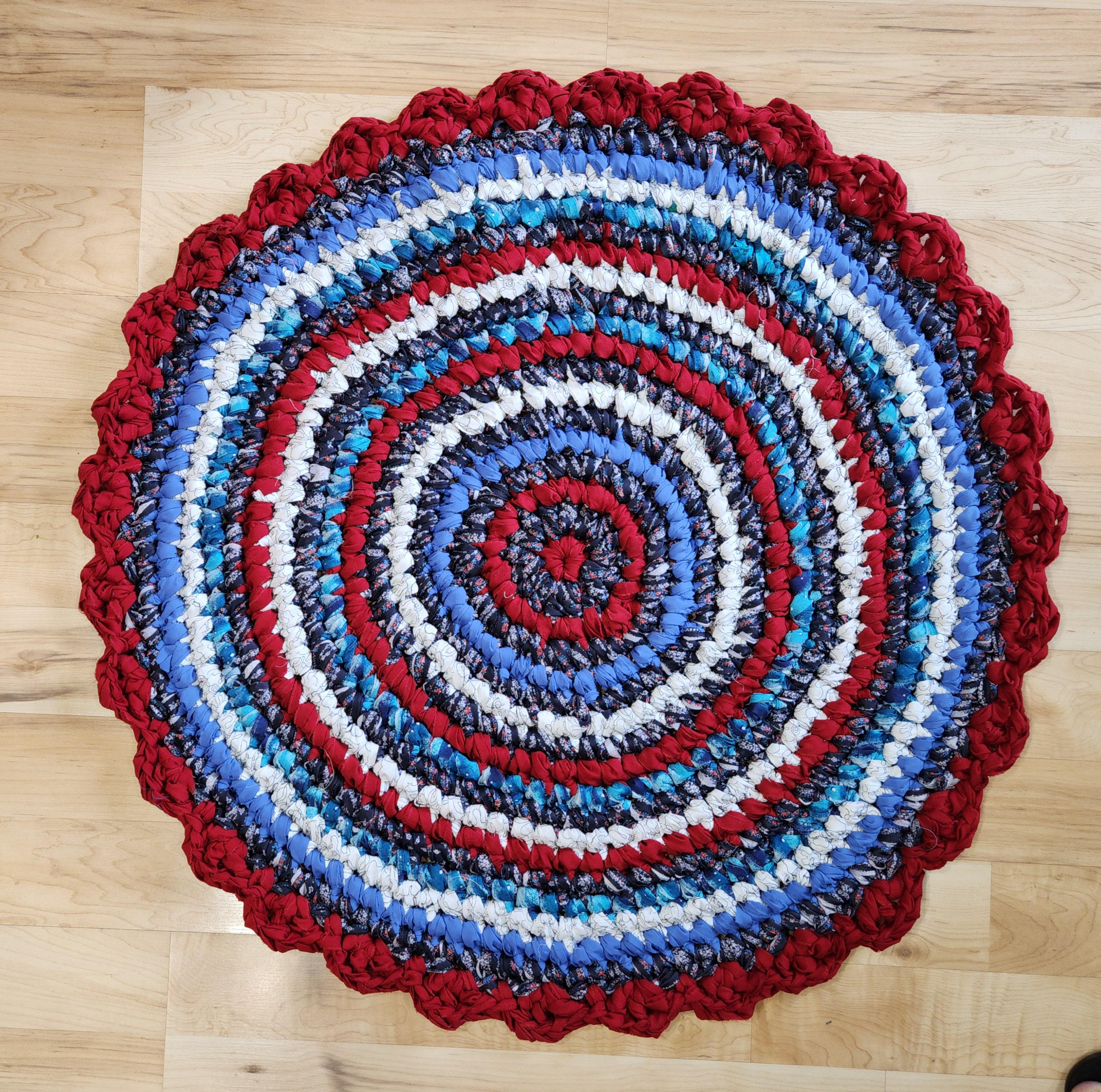 Patriotic Rag Rug, Red White Blue Handmade Upcycled Textile Art
