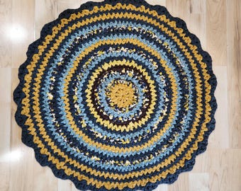 Crochet Rag Rug, Brown Mustard Grey round Handmade upcycled textile art accent rug, Reversable crochet circle throw rug.  34.5" inch