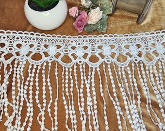 Long Fringe Lace, White Floral Dangle 7.5 inch fringe, Sewing Craft supplies. Decorative Trim, garment, curtain, lampshade