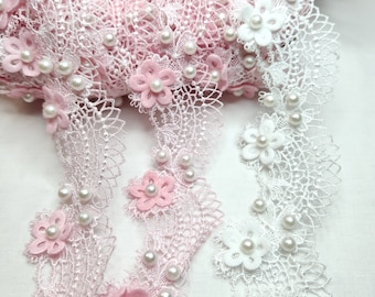 Pink Venice Lace, Flowers and Pearl Scallop Trims Sewing Craft supplies, Decorative Embellishment for projects, garment, costumes curtain.