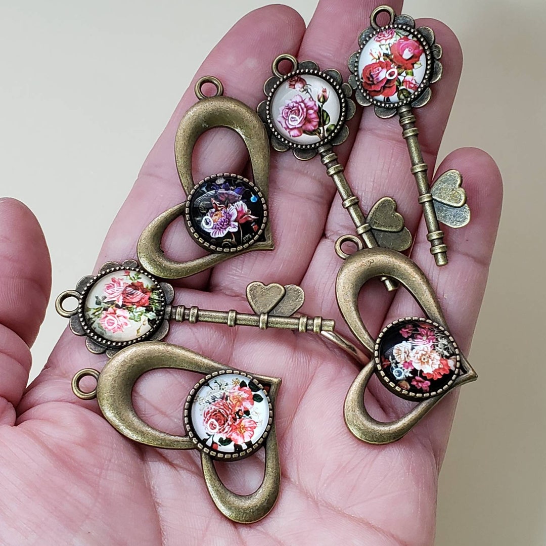 Bronze Heart Key Charm Set Glass Cameo Floral Rose 2 Pcs Etsy