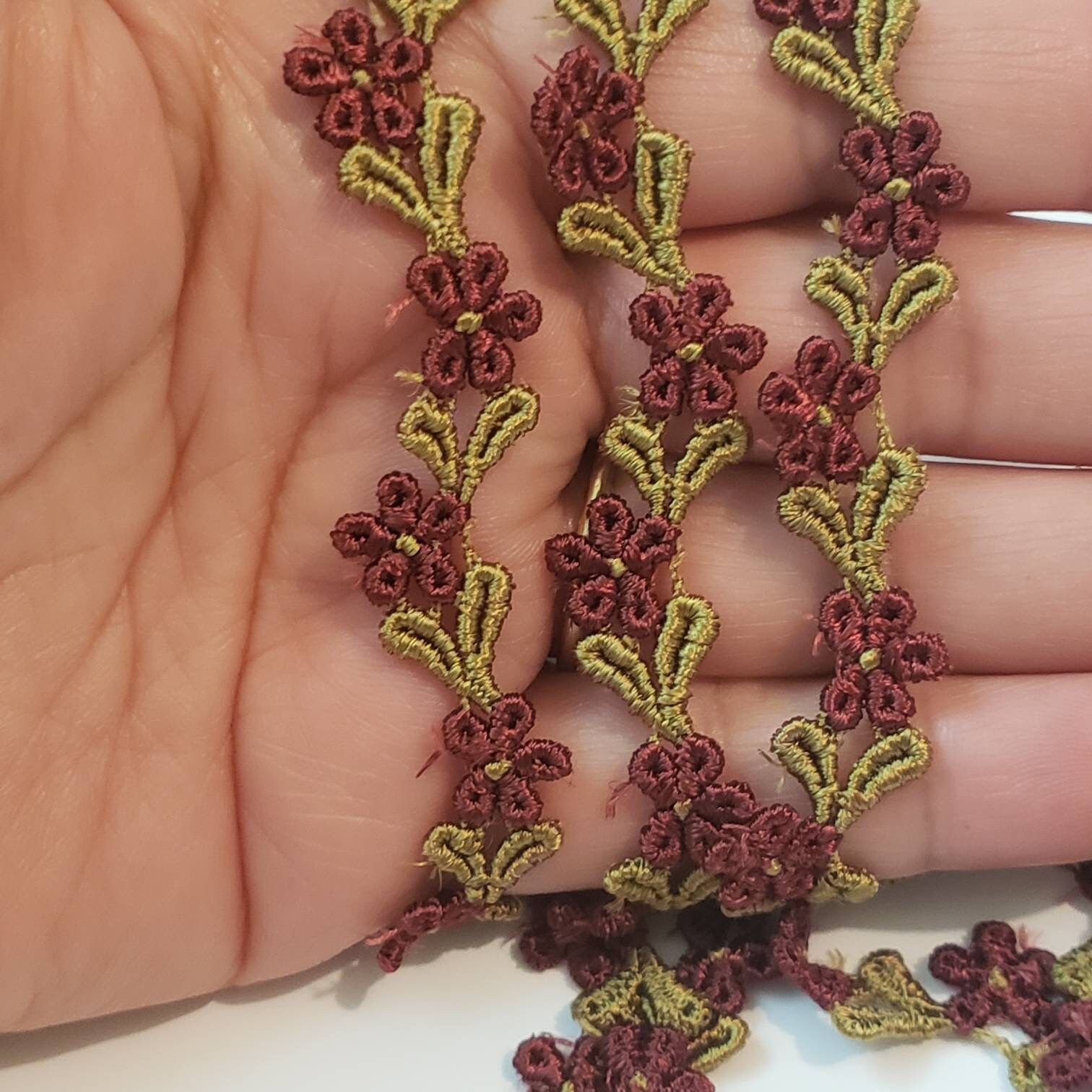 diy craft embellishments Burgundy Old Rose green Floral Embroidered lace applique Sewing Junk journal supplies Shabby chic dress trim