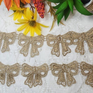 Lace Bow Applique, 5 Gold Metallic Fabric bow, Ecru Champagne embellishment for Sewing or Craft projects, Junk journal supplies