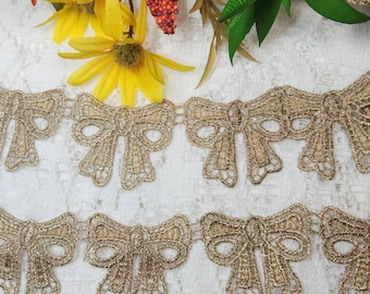 Lace Bow Applique, 8 Gold Metallic Fabric bow, Ecru Champagne embellishment for Sewing or Craft projects, Junk journal supplies