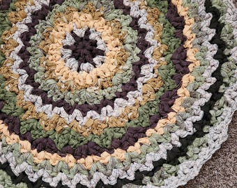 Boho Crochet Rag Rug, Beige Brown Mustard Green round Handmade upcycled textile accent rug, Reversable crochet circle throw rug.  35" inch