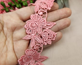 Rose Pink Lace.  Floral applique Flower trim. Sewing craft supplies, Garment lace trim,  By the yard, 2 inches wide, 16 motif.