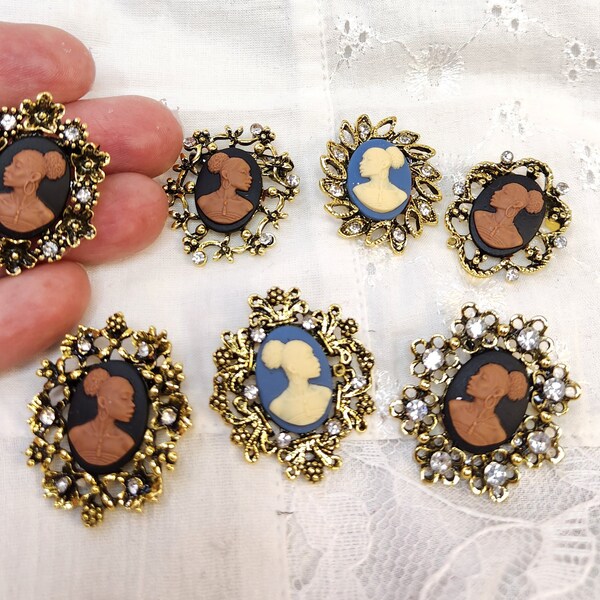 African American Cameo, Small Brooches gold tone fashion jewelry.  Vintage Victorian style fashion jewelry