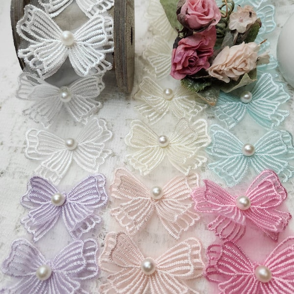 Lace Bow Applique, 5 Pcs. Pearl Embroidered organza lace trim embellishment. Sewing Craft supplies, Garment, Junk journal