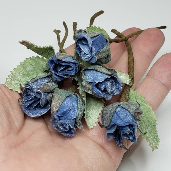 Blue Millinery Rose buds, Vintage Parchment Paper miniature roses, 6  small closed buds on wire. Vintage new old stock