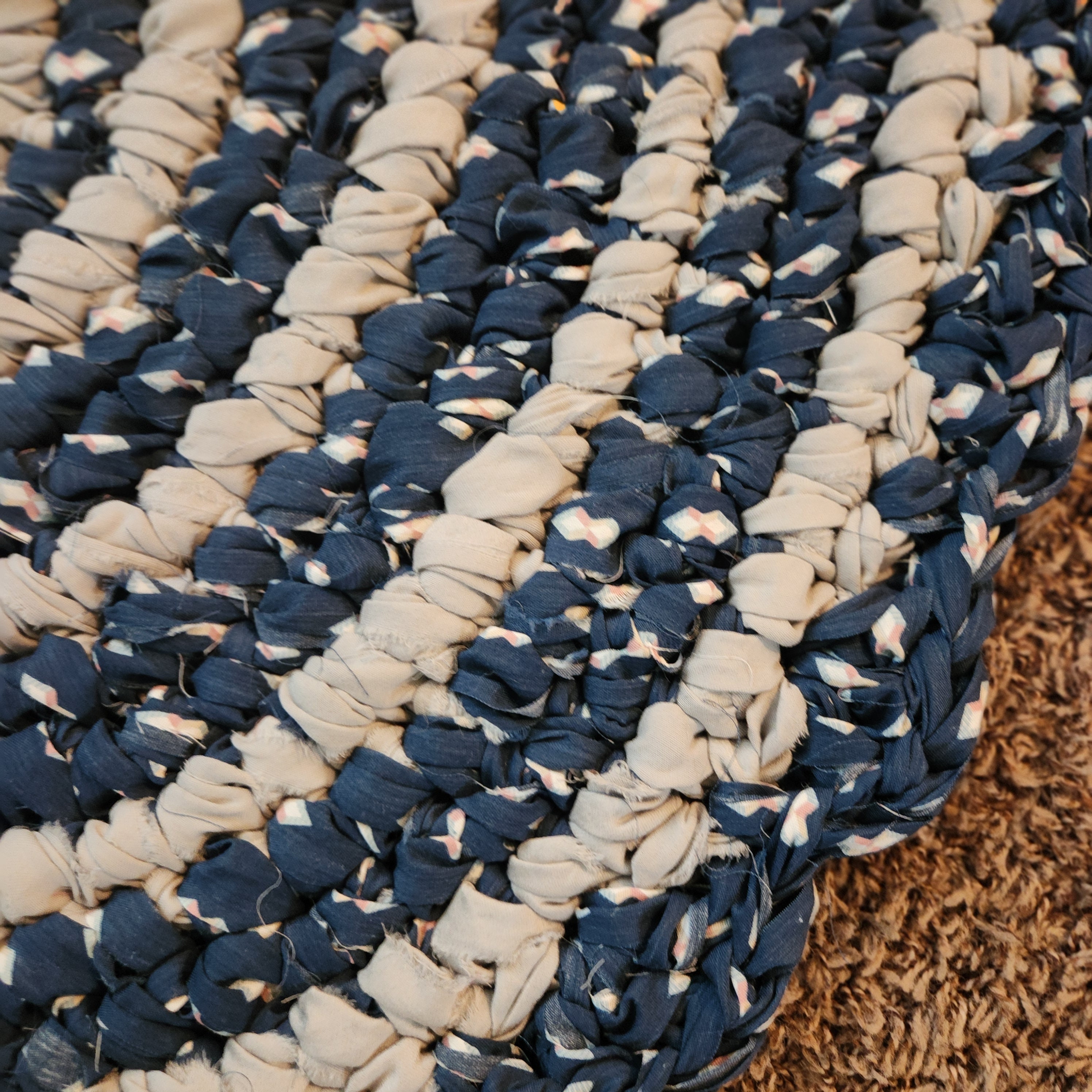 Kitchen Rag Rug Blue Handmade Rag Rug, Blue Grey Round Upcycled Textile Fabric Art Accent ...