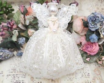Lace & Pearl Angel Ornament, Creamy Vintage style decor for Christmas and beyond, Handmade meaningful keepsake gift for Mom Grandma