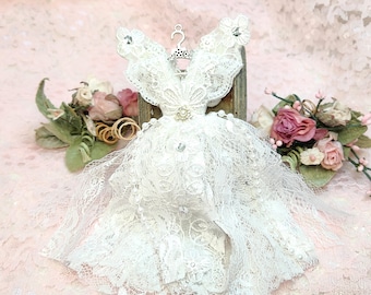 Lace Angel Ornament, White Christmas Angel, Miniature dollhouse Dress décor. Finished Ready to ship gift for her mom grandma