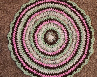 Crochet Rag Rug, Pink brown green round Handmade upcycled textile art accent rug, Reversable crochet circle throw rug.  35" inch