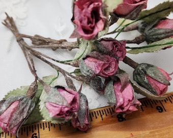 Millinery Pink Rose, Six Rosy Pink buds in a bunch. Vintage Parchment Paper Dry flower look, 6 small buds on wire. new old stock