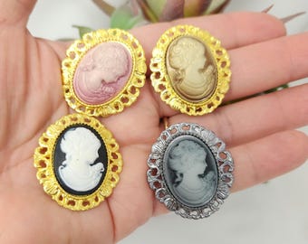 Cameo Brooch, Fashion costume jewelry in gold or silver tone setting. Dusty rose, black brown cameos, Vintage Victorian style, Gift for her