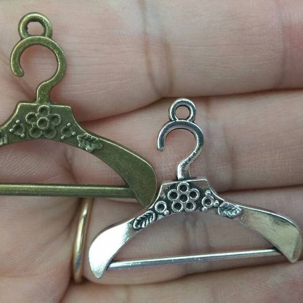 Clothes Hanger charm, 4 in a set Silver or Bronze, Miniature metal hanger,  These are the ones I use for my art dress ornament decorations.