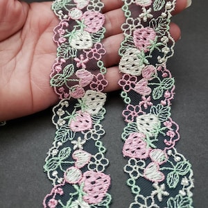 Mesh Embroidery Lace, Strawberry Cherry Heart Pink Green Lace Trim.  Sewing Craft supplies, Shabby Chic Junk Journal craft and garment lace