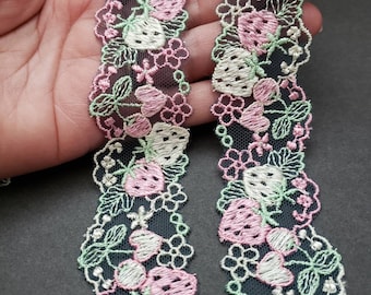 Mesh Embroidery Lace, Strawberry Cherry Heart Pink Green Lace Trim.  Sewing Craft supplies, Shabby Chic Junk Journal craft and garment lace