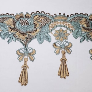 Blue Ecru Fringe Tassel, Upholstery Trim in Powder Teal Blue Ecru Brown Metallic. Sewing craft supplies lamp shade drapery upholstery