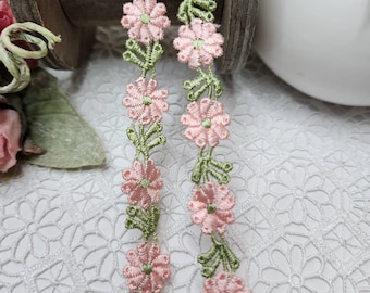 Pink Rococo Daisy Lace, Pink Green embroidered Floral Trim, embellishment, Sewing Craft Supplies, Border decorative trims